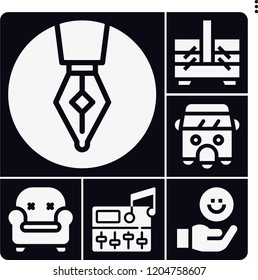 Set of 6 flat filled icons such as levels, pen, rickshaw, sewing box, armchair