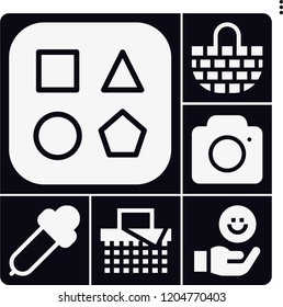 Set of 6 flat filled icons such as shapes, camera, eyedropper, basket, hand