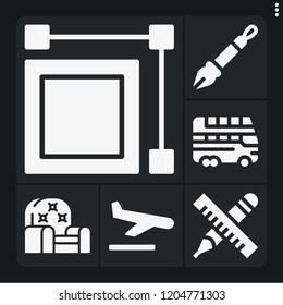 Set of 6 flat filled icons such as , sofa, double decker, landing, pen