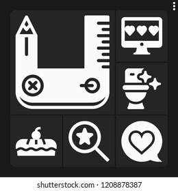 Set of 6 flat filled icons such as design tool, toilet, rating, search, pie