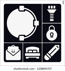 Set of 6 flat filled icons such as , feedback, pencil, lock, bed