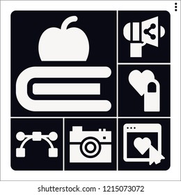 Set of 6 flat filled icons such as rate, rating, s, book, camera