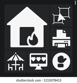 Set of 6 flat filled icons such as layers, rating, button, house, printer