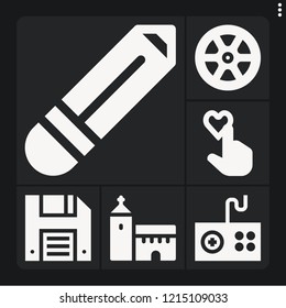 Set of 6 flat filled icons such as church, rating, pencil, diskette, wheel
