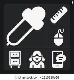 Set of 6 flat filled icons such as cabinet, feedback, ruler, eyedropper, avatar