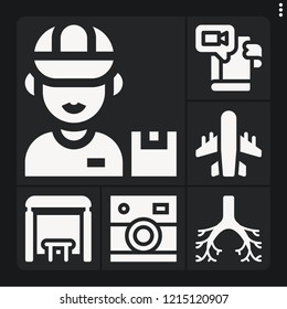 Set of 6 flat filled icons such as bronchi, postman, bus stop, aeroplane, camera