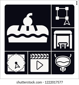 Set of 6 flat filled icons such as clapperboard, bladder, select, bus stop
