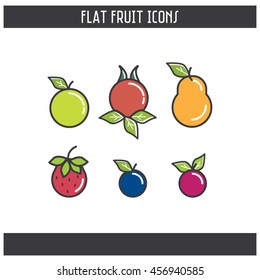 Set of 6 flat fruit icons. Vector, editable