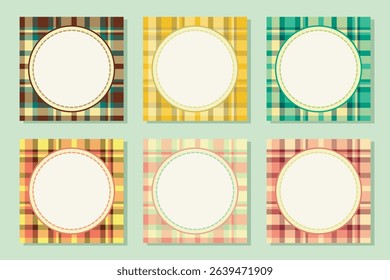 Set of 6 flat labels made of checkered fabric, colorful linear pattern