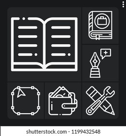 Set of 6 flat outline icons such as book, wallet, manual, pen,