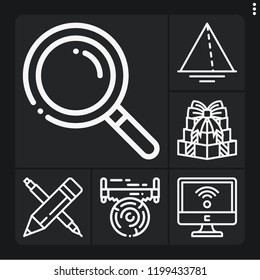 Set of 6 flat outline icons such as search, saw, present, wifi, pencil