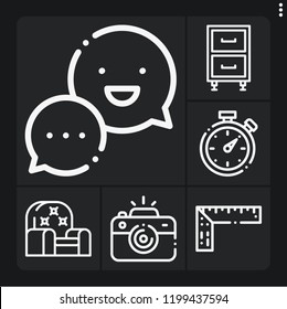 Set of 6 flat outline icons such as timer, camera, ruler, chat, cabinet