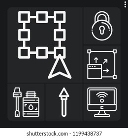 Set of 6 flat outline icons such as spear, lock, wifi, glue, maximize