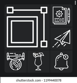 Set of 6 flat outline icons such as paper plane, mai thai, notification, saw, instructions