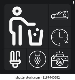 Set of 6 flat outline icons such as camera, trash, lamp, sneaker, clock