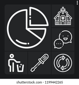 Set of 6 flat outline icons such as chart, screwdriver, trash, chat, refresh