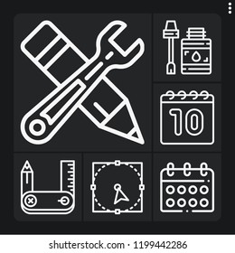 Set of 6 flat outline icons such as calendar, glue, design tool, select