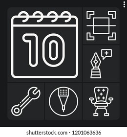 Set of 6 flat outline icons such as wrench, calendar, desk, pen, pencil