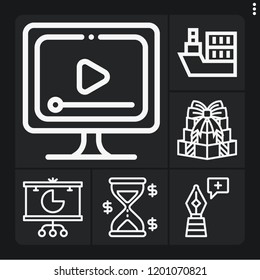 Set of 6 flat outline icons such as video player, present, pie chart, hourglass, pen