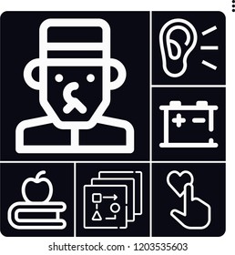Set of 6 flat outline icons such as accumulator, rating, book, ear, flow