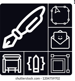 Set of 6 flat outline icons such as , bus stop, feedback, pen