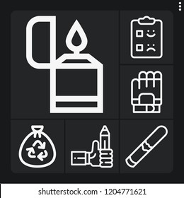 Set of 6 flat outline icons such as pencil, trash, cigarette, feedback, lighter
