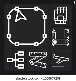Set of 6 flat outline icons such as ruler, design tool, , landing, gloves