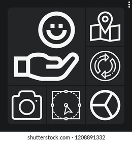 Set of 6 flat outline icons such as refresh, select, camera, pie chart, placeholder