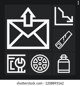 Set of 6 flat outline icons such as saw, wheel, line chart, browser, canteen
