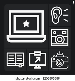 Set of 6 flat outline icons such as book, camera, ear, charts