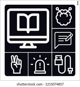 Set of 6 flat outline icons such as siren, feedback, computer, hand, knitting
