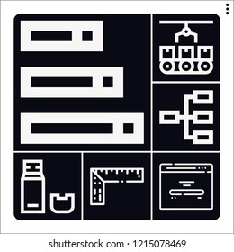 Set of 6 flat outline icons such as ruler, conveyor, usb, bar chart, home page