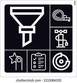 Set of 6 flat outline icons such as checklist, funnel, measuring tape, air pump, rate