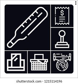 Set of 6 flat outline icons such as saw, bill, gearshift, mirror, thermometer