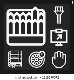 Set of 6 flat outline icons such as book, wheel, hand, pencil, screw