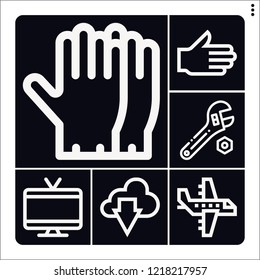 Set of 6 flat outline icons such as wrench, gloves, aeroplane, hand, television