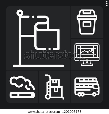 Set of 6 flat outline icons such as gps, cigarrete, computer, double decker, trolley
