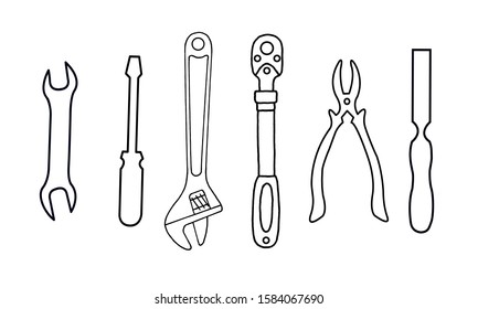 Set of 6 flat and simple icons of tools drawing with black lines on white background. Vector wrench tools. Element for your design.
