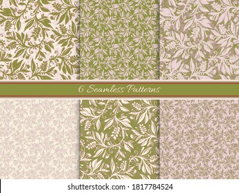 Set of 6 Floral seamless patterns with leaves and berries in green, taupe, pale pink, cream colors. Design for wallpaper background, textile, fabric, wrapping, packaging, cover.