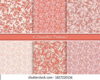Set of 6 Floral seamless patterns with leaves and berries in coral, cream, pink colors. Design for wallpaper background, textile, fabric, wrapping, packaging, cover.