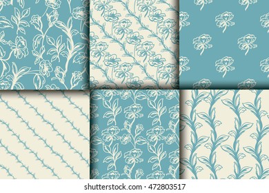 Set of 6 floral seamless patterns in Blue & Beige colors