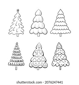 Conjunto de 6 flúcidos árboles navideños de estilo dibujado a mano. La ilustración vectorial negra se aísla sobre fondo blanco.