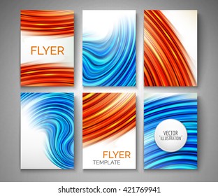 Set of 6 flyers with abstract wavy curves. Vector design.
