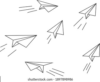 Set of 6 flying paper airplanes. Vector linear illustration isolated on white background