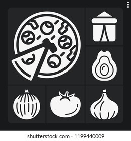 Set of 6 food filled icons such as tent, avocado, onion, pizza, garlic