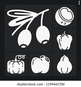 Set of 6 food filled icons such as pumpkin, papaya, coconut, olive, bell pepper