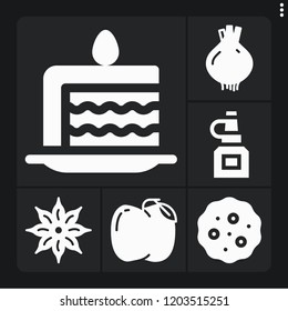 Set of 6 food filled icons such as anise, celery, apple, cookies, cake slice