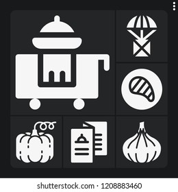 Set of 6 food filled icons such as pumpkin, shallot, package, room service, menu