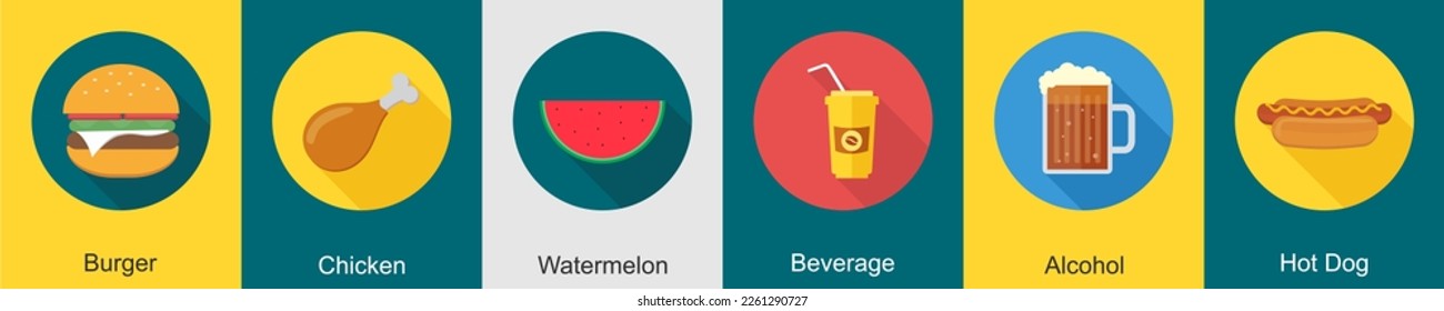 A set of 6 Food icons as burger, chicken, watermelon