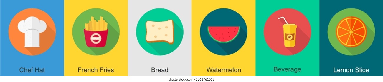 A set of 6 Food icons as chef hat, french fries, bread